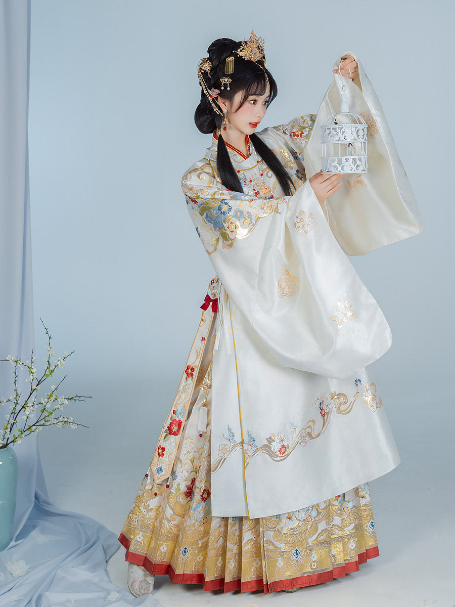 Ming Dynasty Wedding Hanfu Set with Brocade Round Collar Robe & Mamian Skirt | Gilded Grace 鎏金
