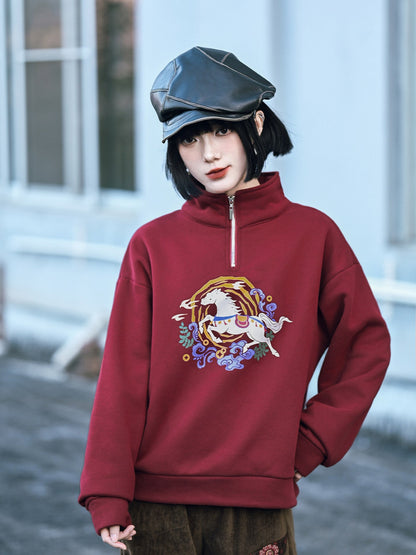 New Chinese Style Retro Red Fleece Sweatshirt - Saddle 锦鞍