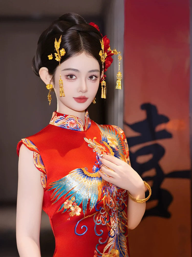 Phoenix Bloom - Chinese Bridal Hair Accessories Set Luxury Gold Dragon Phoenix Tassel Hairpins for Xiuhe and Qun Kwa Wedding Dress