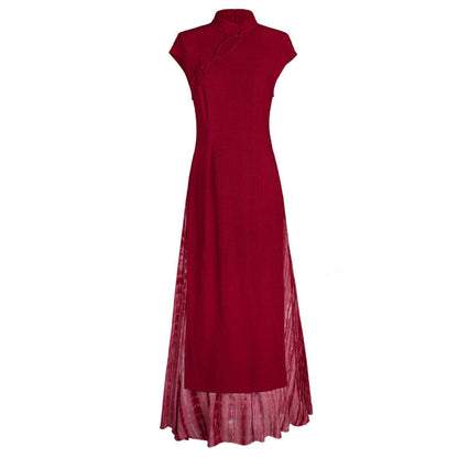 Qipao Style Slit Ao Dai Tie-Dye Dress - Crimson 绯色 (Preorder)
