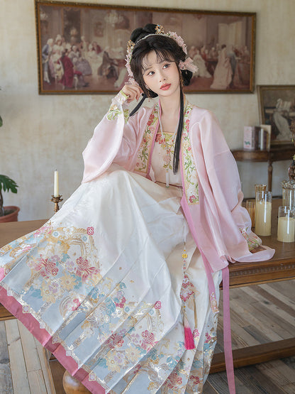 Ming Dynasty Spring Hanfu Set with Pink Mamian Skirt for Women | Peach Blossoms of Antiquity 博古桃花