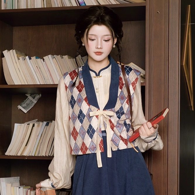 New Chinese Style Tencel Long Sleeve Top and Elastic Skirt with Pockets - Red Glaze 霁蓝红釉