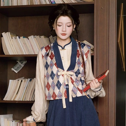 New Chinese Style Tencel Long Sleeve Top and Elastic Skirt with Pockets - Red Glaze 霁蓝红釉