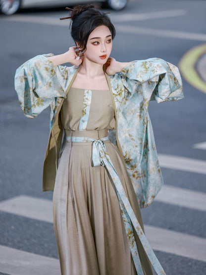 Modern Hanfu Outfit Retro Commuting Set with Cardigan, Camisole & Song-Style Pants - Huaqing 花青 (Preorder)