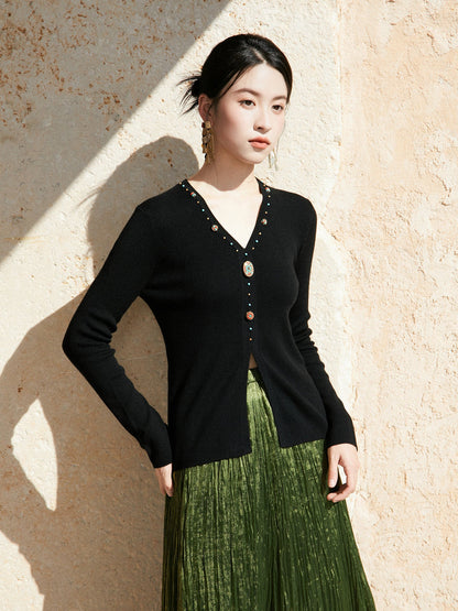 New Chinese Style V-Neck Knitted Cashmere Blend Sweater - Zhuozhuo 灼灼