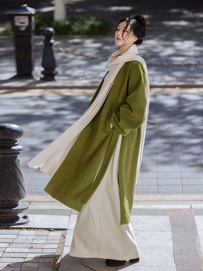 Song Dynasty Modern Hanfu Jacket and Wide Leg Pants for Autumn and Winter - Moss Green 苔藓绿 (Preorder)
