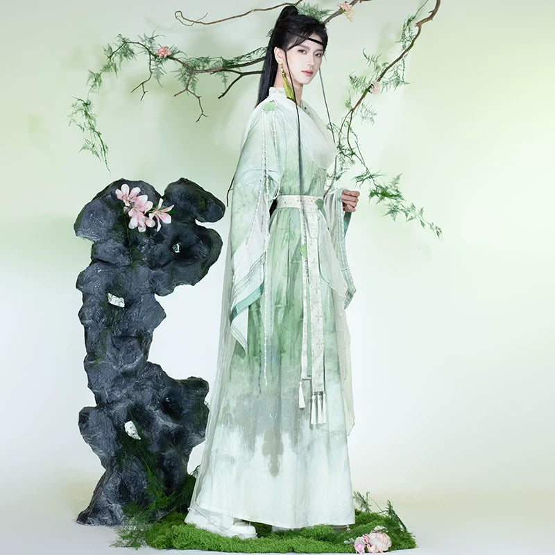 Fuyun 扶筠 - Round-Collar Embroidered Green Wide-Sleeve Xianxia Hanfu Set (Preorder)