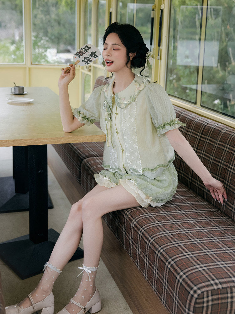New Chinese Style Summer Short Sleeve Shirt and Bloomers - Meilong Jasmine 玫珑茉莉
