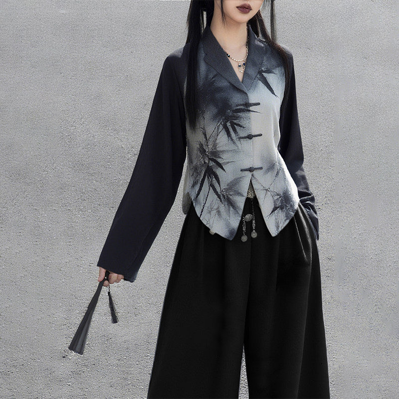 New Chinese Style Shadow Bamboo Ink Long Sleeve Top (Preorder)