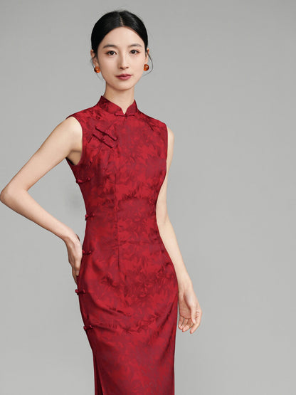 Chinese Wedding Engagement & Tea Ceremony Sleeveless Floral Cheongsam | Lixiao