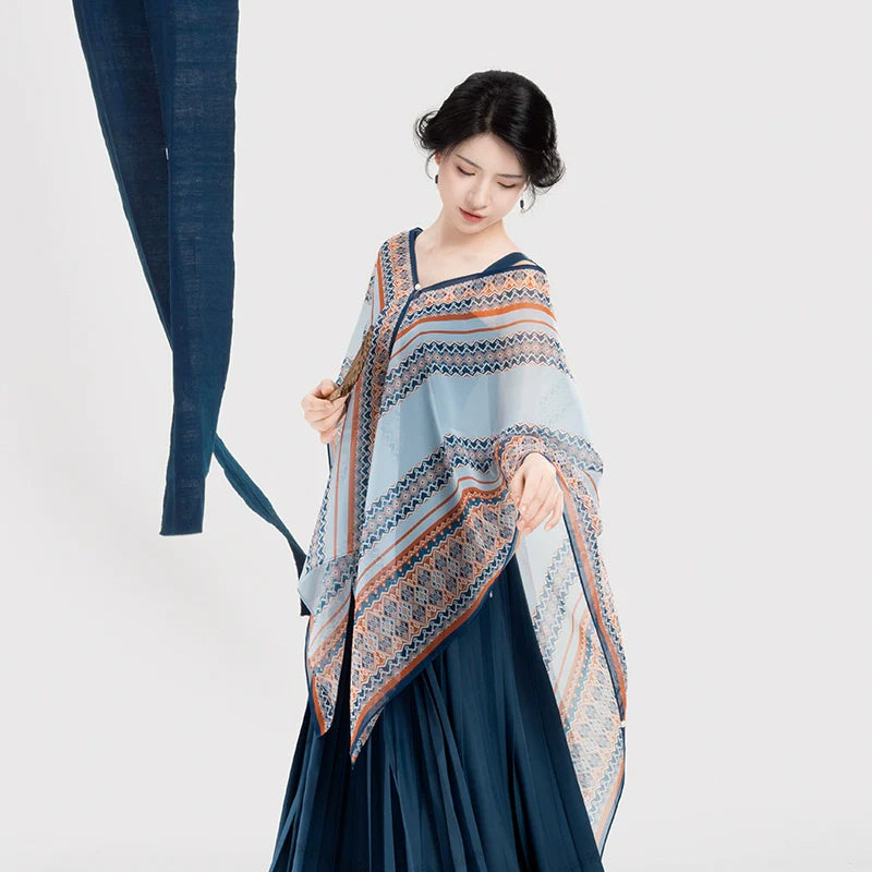 New Chinese Style Women Dong Ethnic Bird-Motif Light Blue Shawl & Pleated Slip Dress - To The Clouds 赴云端 (Preorder)