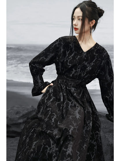 New Chinese Style Black Chenille Loose Long Dress