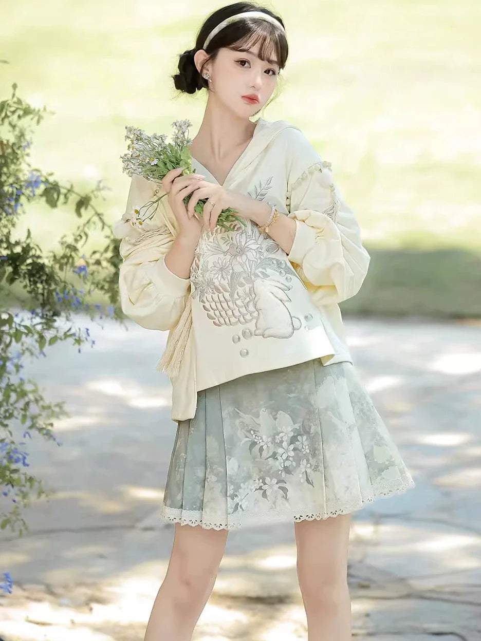 Morning Garden 清晨花园 - Modern Hanfu Daily Wear Hoodie Blouse and Mamian Skirt