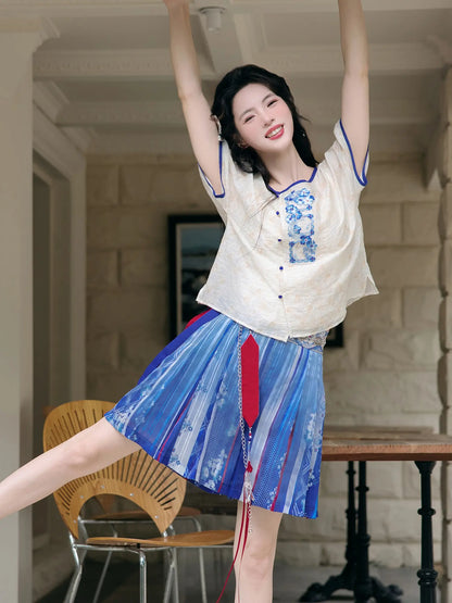 Tang Dynasty Modern Hanfu Skirt with Round Neck Top - Flying Underneath Moon 月下飞花