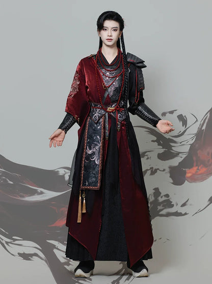 Burning Night 焚夜 - Red and Black Cross-Collar Hanfu Set, Wuxia Style Warrior Robe with Literary & Martial Sleeves (Preorder)