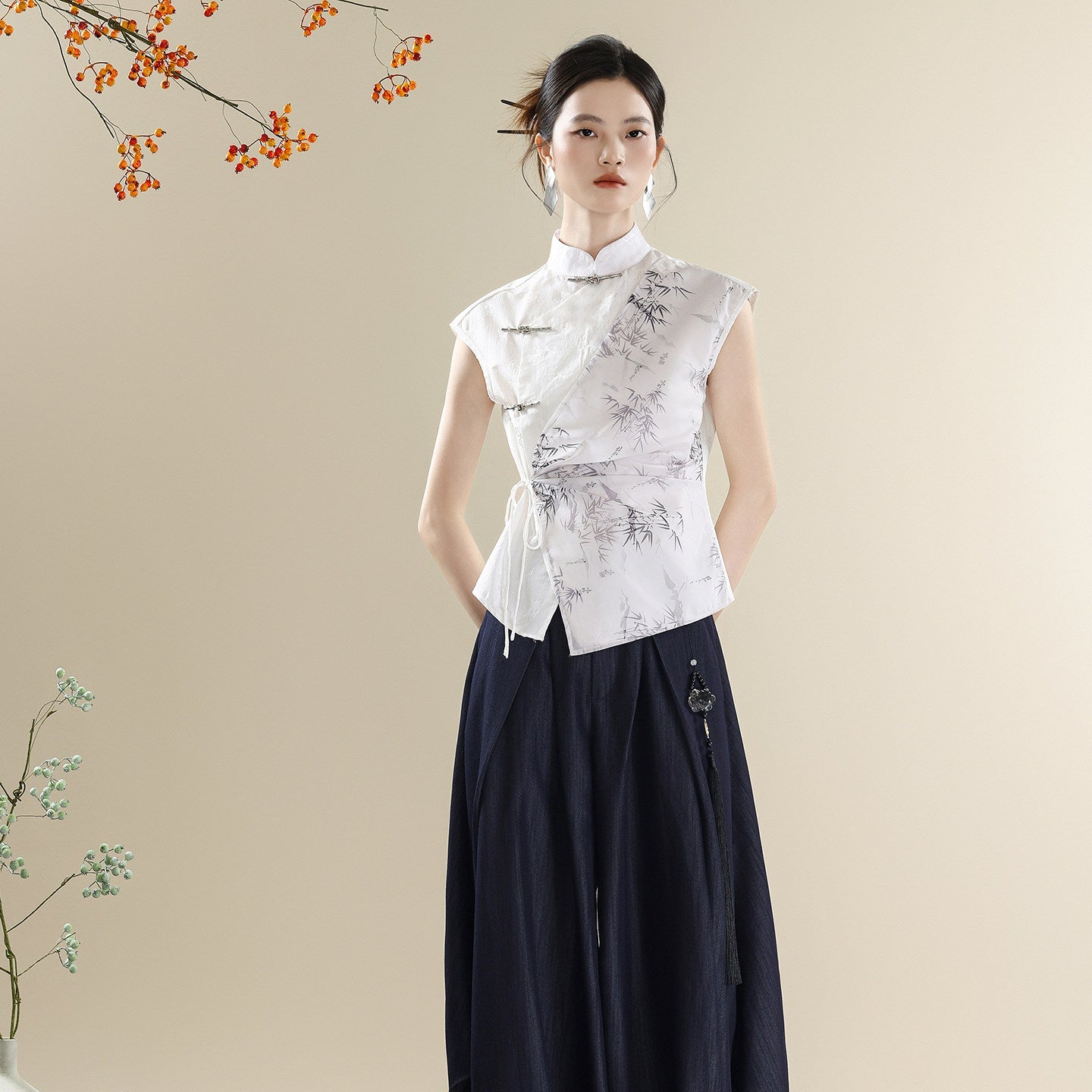 New Chinese Style Asymmetric Mandarin Collar Top & Denim Saber Pants Set