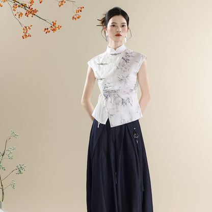 New Chinese Style Asymmetric Mandarin Collar Top & Denim Saber Pants Set