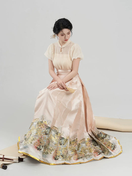 Nanpu Chinese Blouse & Mamian Skirt Outfit - modern Ming-inspired hanfu, detail view