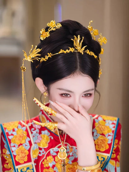 Glimmer of Red Blossoms - Gold Phoenix Bridal Hairband and Hairpin Minimalist Chinese Wedding Accessories