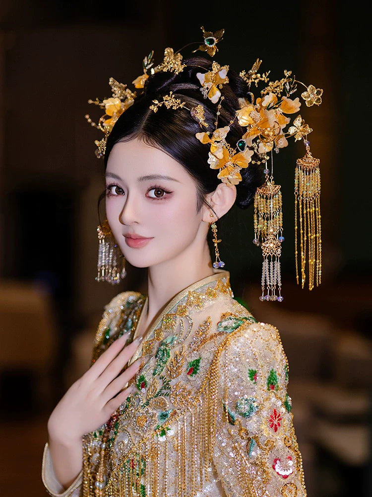 Radiance - Golden Floral Tassel Bridal Hairpin Elegant Fairy-Inspired Hanfu and Qipao Wedding Hair Accessory