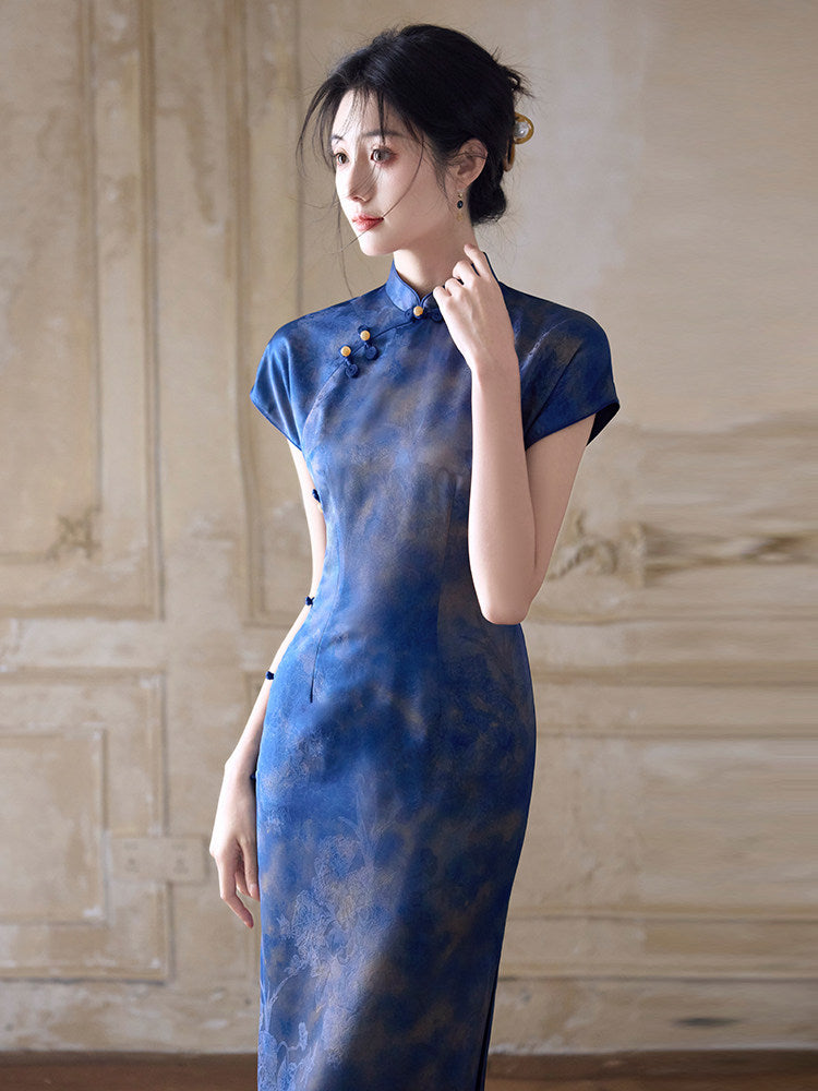 Short Sleeve Midi Cheongsam | Sapphire