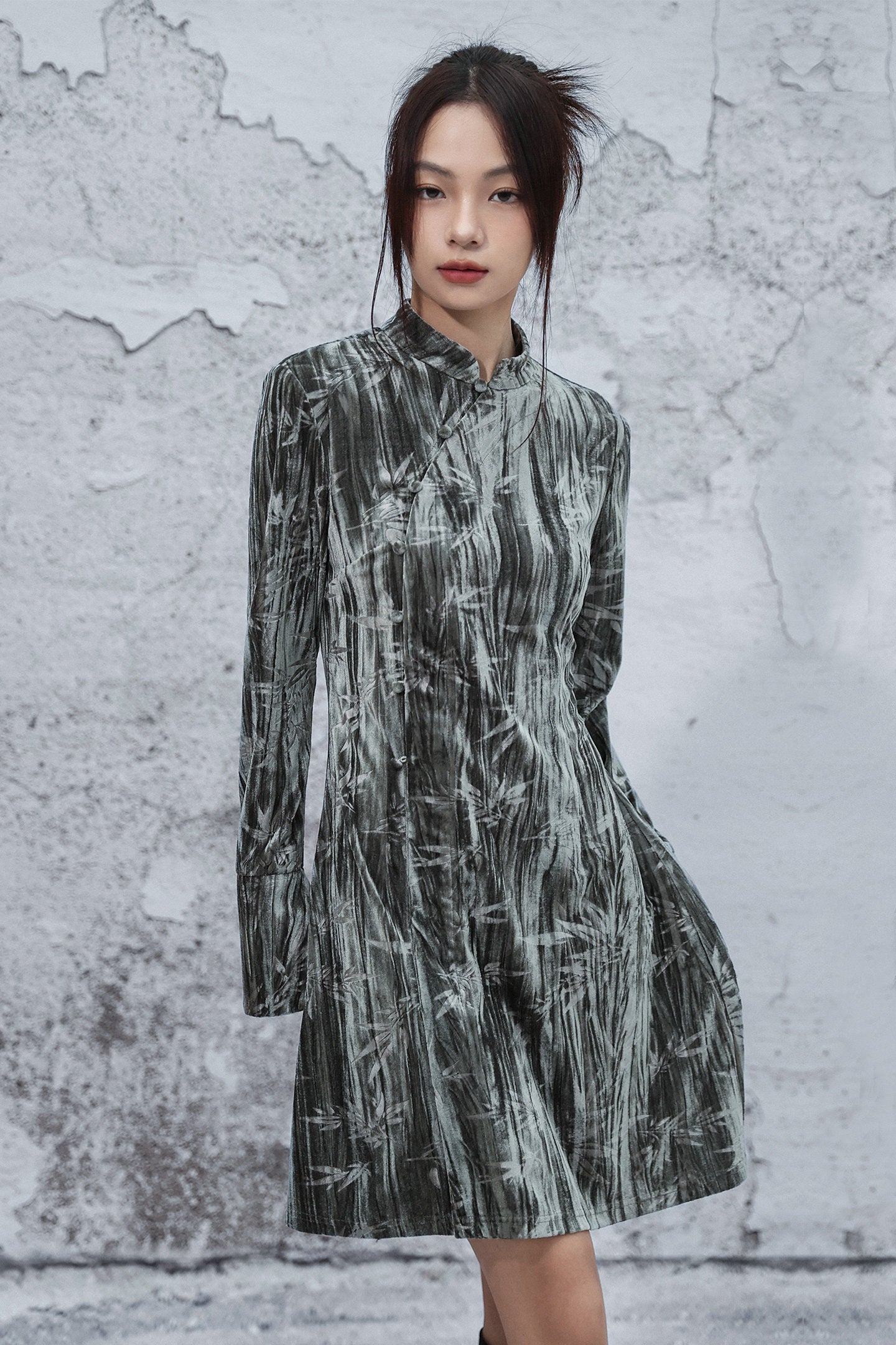 New Chinese Style Embossed Velvet A-Line Dress
