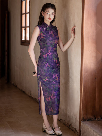 Sleeveless Butterflies Printed Midi Cheongsam | Mystic