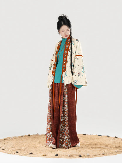 Jin Dynasty Dunhuang Style Women Hanfu Cross Collar Top, Curved Collar Top & Wide Leg Pants - Wall View 壁相观 (Preorder)