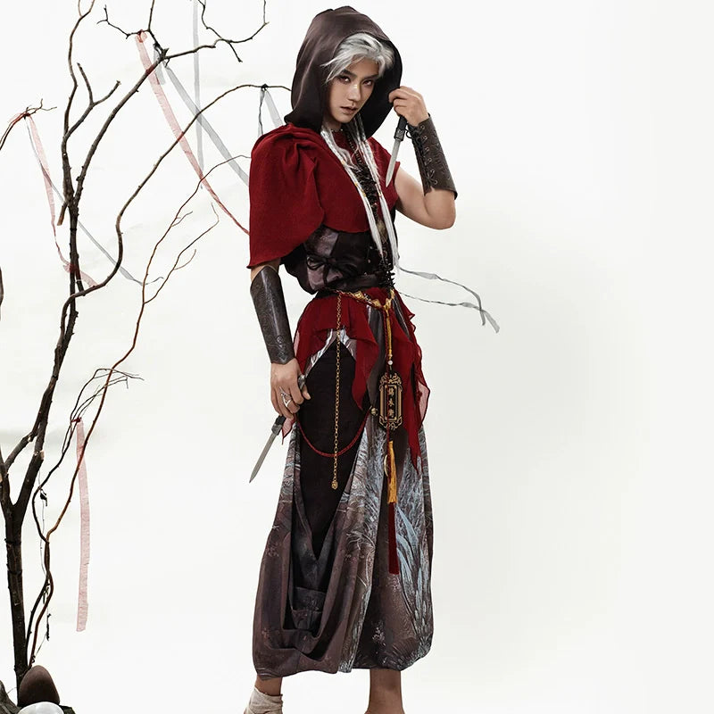 Crimson Feather 赤翎 - Hooded Sleeveless Hanfu Set with Cloak and Pants, Summer Martial Wanderer Outfit (Preorder)