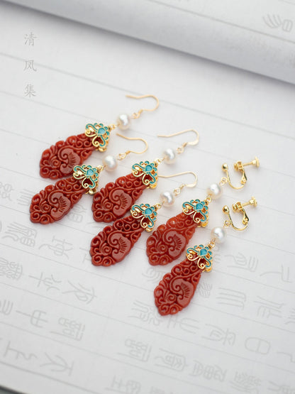 Natural Red Jade Antique Earrings | Hanfu Jewelry