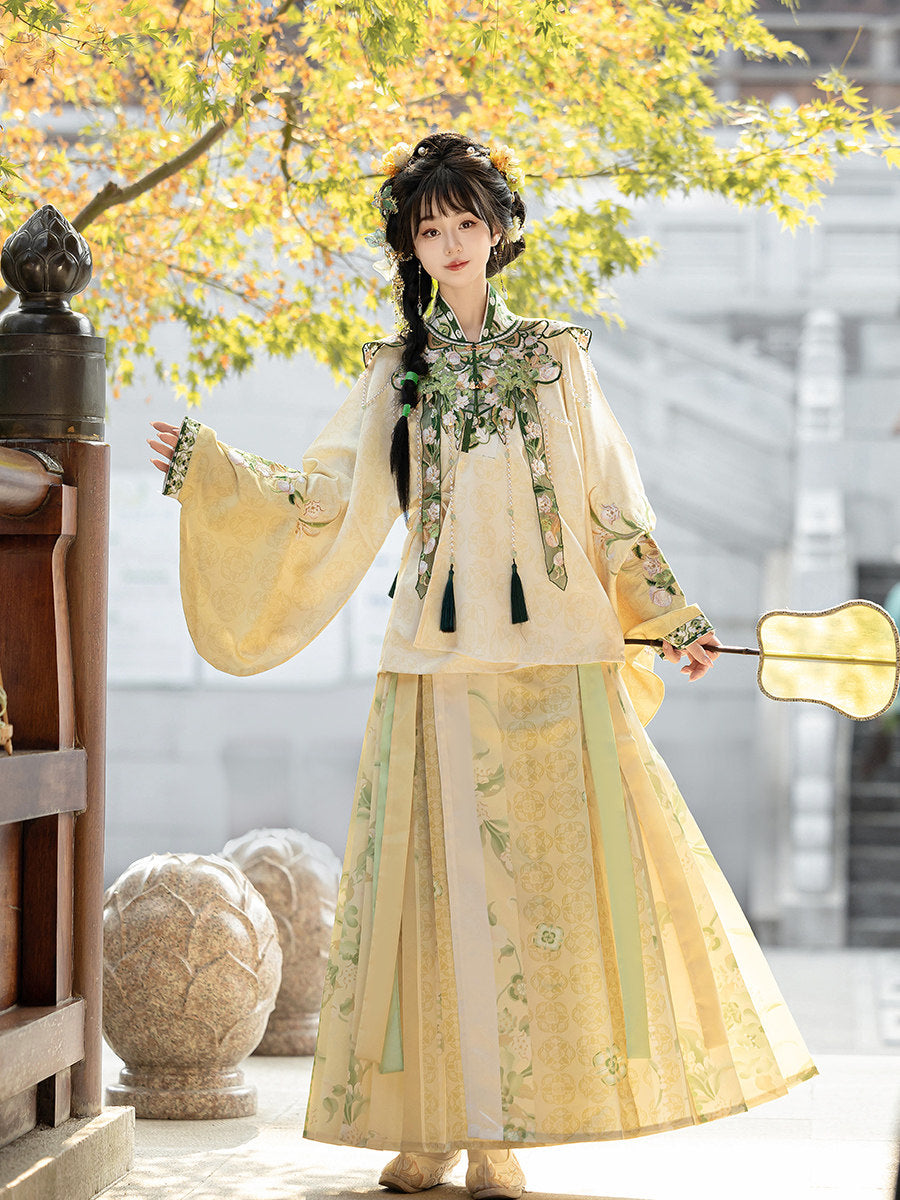 Ming Dynasty Hanfu Set with Cloud Collar & Mamian Skirt in Yellow | Qian 青桃祈安