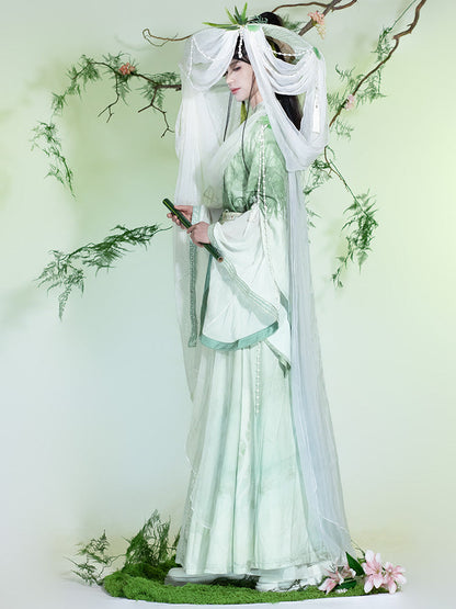 Fuyun 扶筠 - Round-Collar Embroidered Green Wide-Sleeve Xianxia Hanfu Set (Preorder)