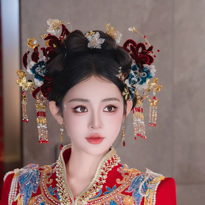 Crown of Crimson Dreams - Red Velvet Bridal Hairband with Tassel Hairpin Classical Chinese Wedding Hair Accessories for Hanfu and Xiuhe Bride