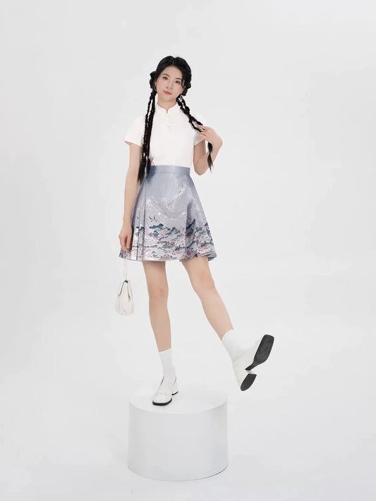 Ming Dynasty Modern Hanfu Top and Mamianqun Mini Skirt - Path of Flowers 一鹿莲生