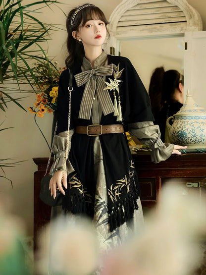 Glitter Bamboo 鎏金竹影 - New Chinese Style Printed Long-Sleeve Dress and Shawl Set (Preorder)