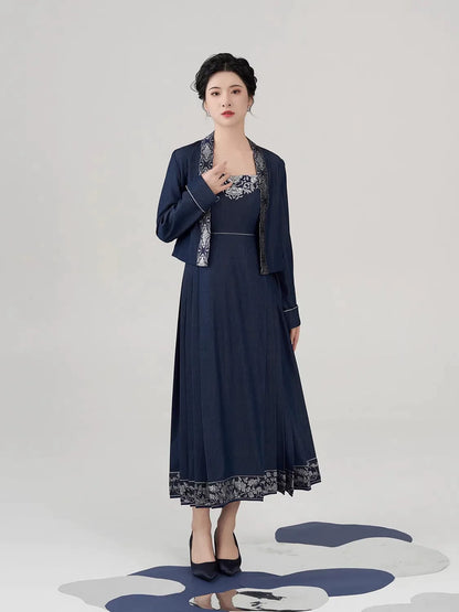 New Chinese Style Women Peony Embroidered Silver Woven Outer Jacket & Mamian Slip Dress - Yinlin 银霖 (Preorder)