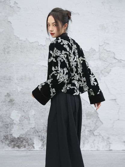 New Chinese Style Contrast Embroidered Velvet Short Jacket