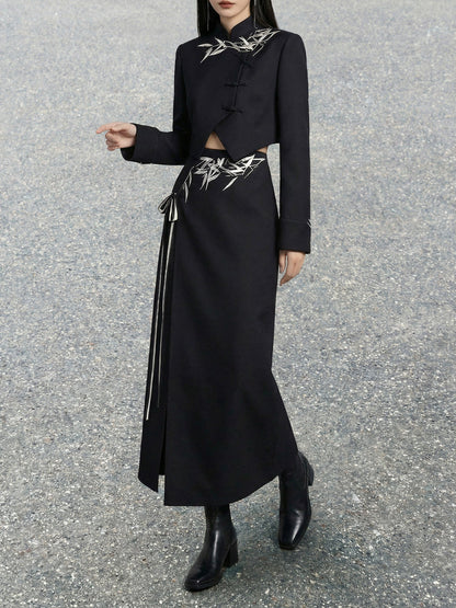 New Chinese Style Black Bamboo Leaf Print with Irregular Hem Crop Suit and Slit Skirt (Preorder)