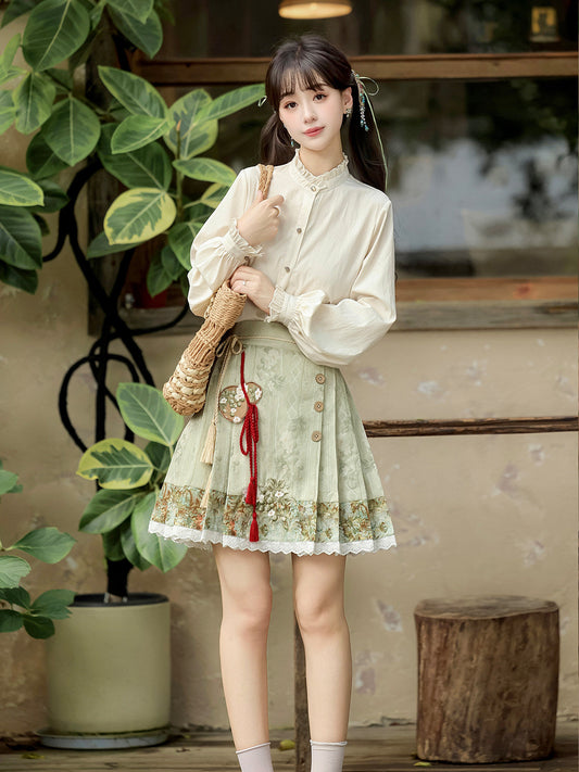 Ming Dynasty Modern Hanfu Long Sleeve Top and Short Mamianqun - Whispers of Autumn 秋络蔓语