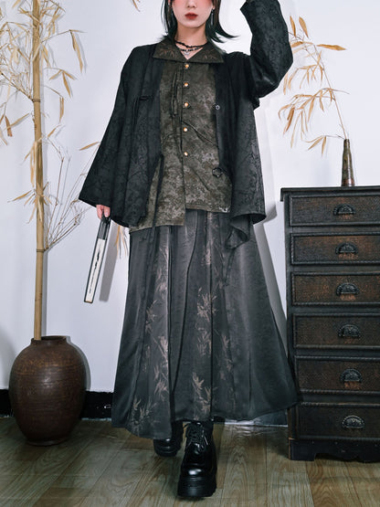 New Chinese Style High Waist Bamboo Print Skirt - Bamboo Shadow 竹影