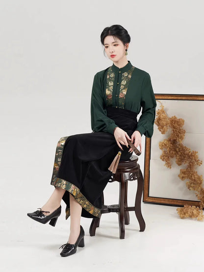 Song Dynasty Modern Hanfu Set with Long Sleeve Top and Spiral Skirt - Huayi 花溢 (Preorder)