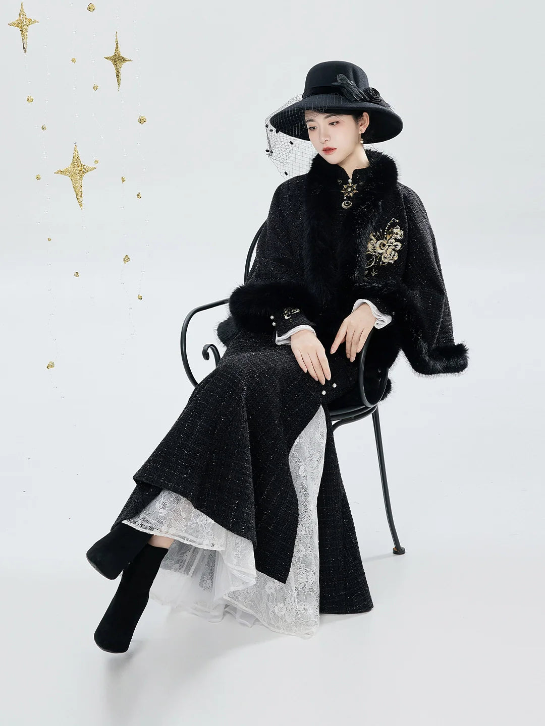 New Chinese Style Embroidered Cloak Qipao Mermaid Dress - Sun and Moon 日月同姝 (Preorder)