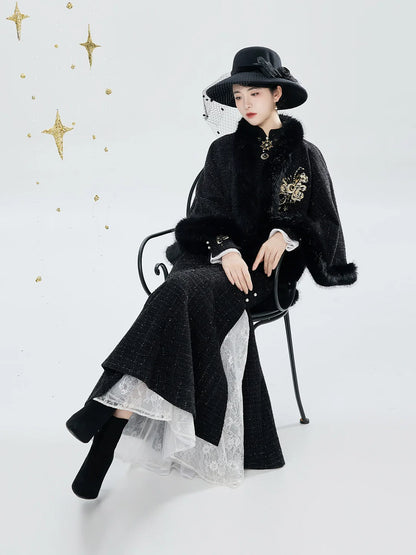 New Chinese Style Embroidered Cloak Qipao Mermaid Dress - Sun and Moon 日月同姝 (Preorder)