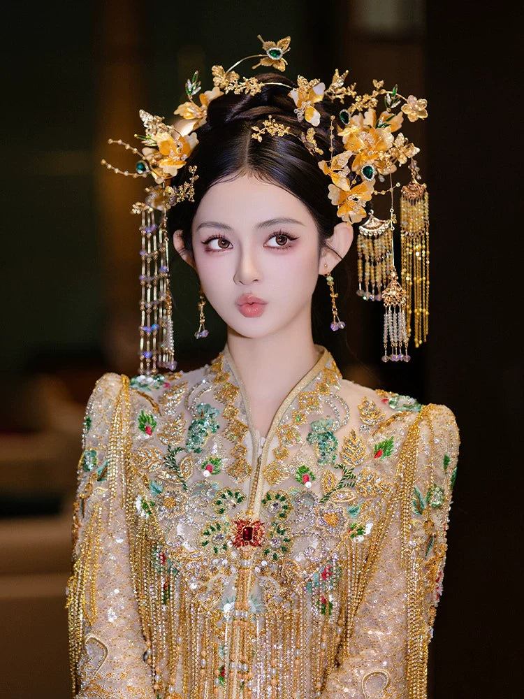 Radiance - Golden Floral Tassel Bridal Hairpin Elegant Fairy-Inspired Hanfu and Qipao Wedding Hair Accessory
