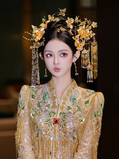 Radiance - Golden Floral Tassel Bridal Hairpin Elegant Fairy-Inspired Hanfu and Qipao Wedding Hair Accessory