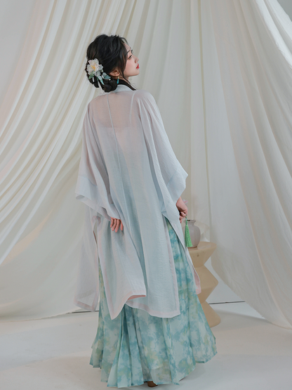 Song Dynasty Modern Hanfu Changgan Temple Cardigan and Pleated Skirt - Lotus Flowers 荷花娇 (Preorder)
