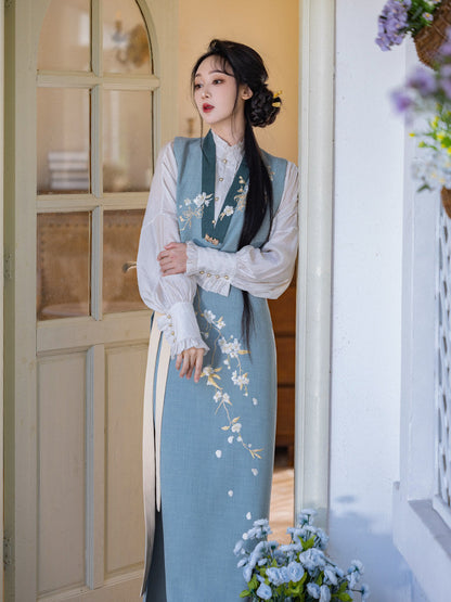 New Chinese Style Long Sleeve Shirt with Spiral Skirt and Embroidered Vest - Pear Blossoms 梨花曲 (Preorder)