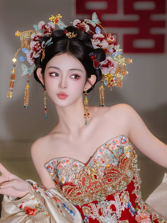 Spark of the Golden Orchid - Gradient Floral Bridal Hair Accessories Light Butterfly Headpiece for Chinese Wedding