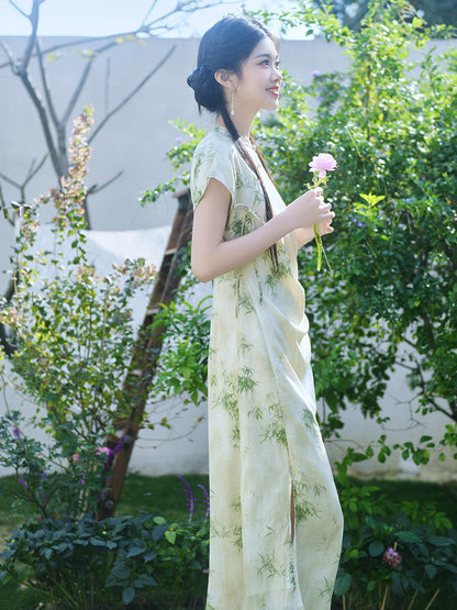 Short Sleeve Modern Midi Cheongsam | Bamboo Leaves