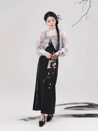 Song Dynasty Modern Hanfu Set with Spiral Skirt - Night Plum Window 暗梅窗夜 (Preorder)
